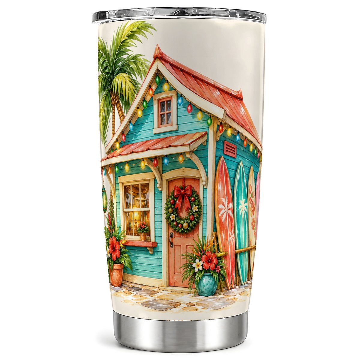 Tropical Christmas Cottage Tumbler 20oz, Beach Stainless Steel Travel Cup