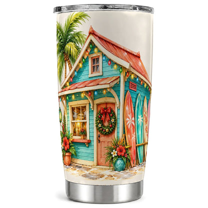 Tropical Christmas Cottage Tumbler 20oz, Beach Stainless Steel Travel Cup