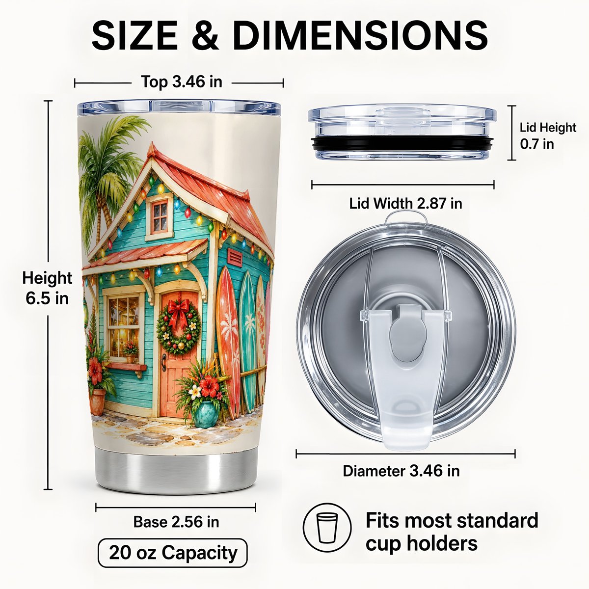 #pl[20oz|Steel] Tropical Christmas Cottage Tumbler 20oz, Beach Stainless Steel Travel Cup