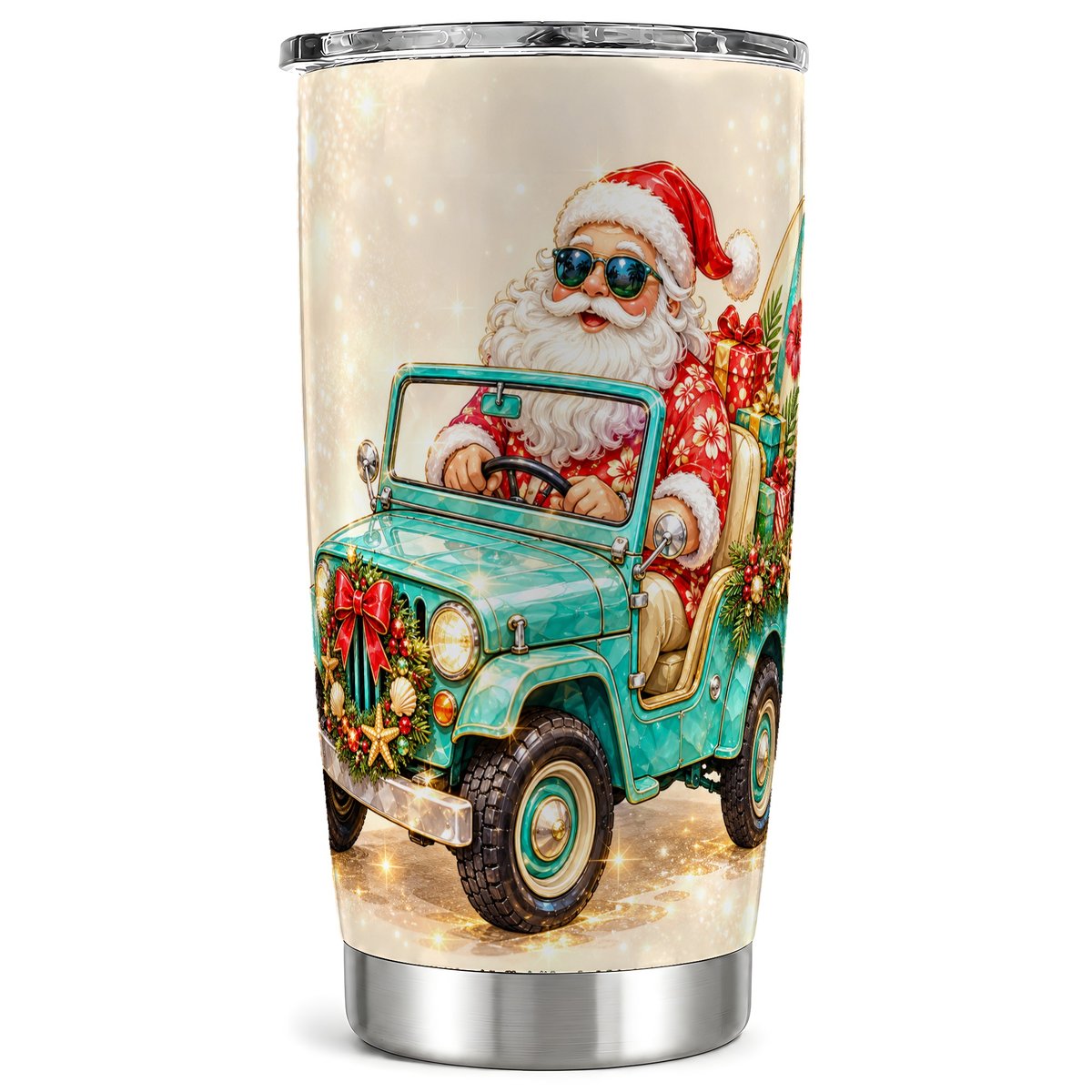 Surfing Santa Tumbler 20oz, Coastal Stainless Steel Travel Cup
