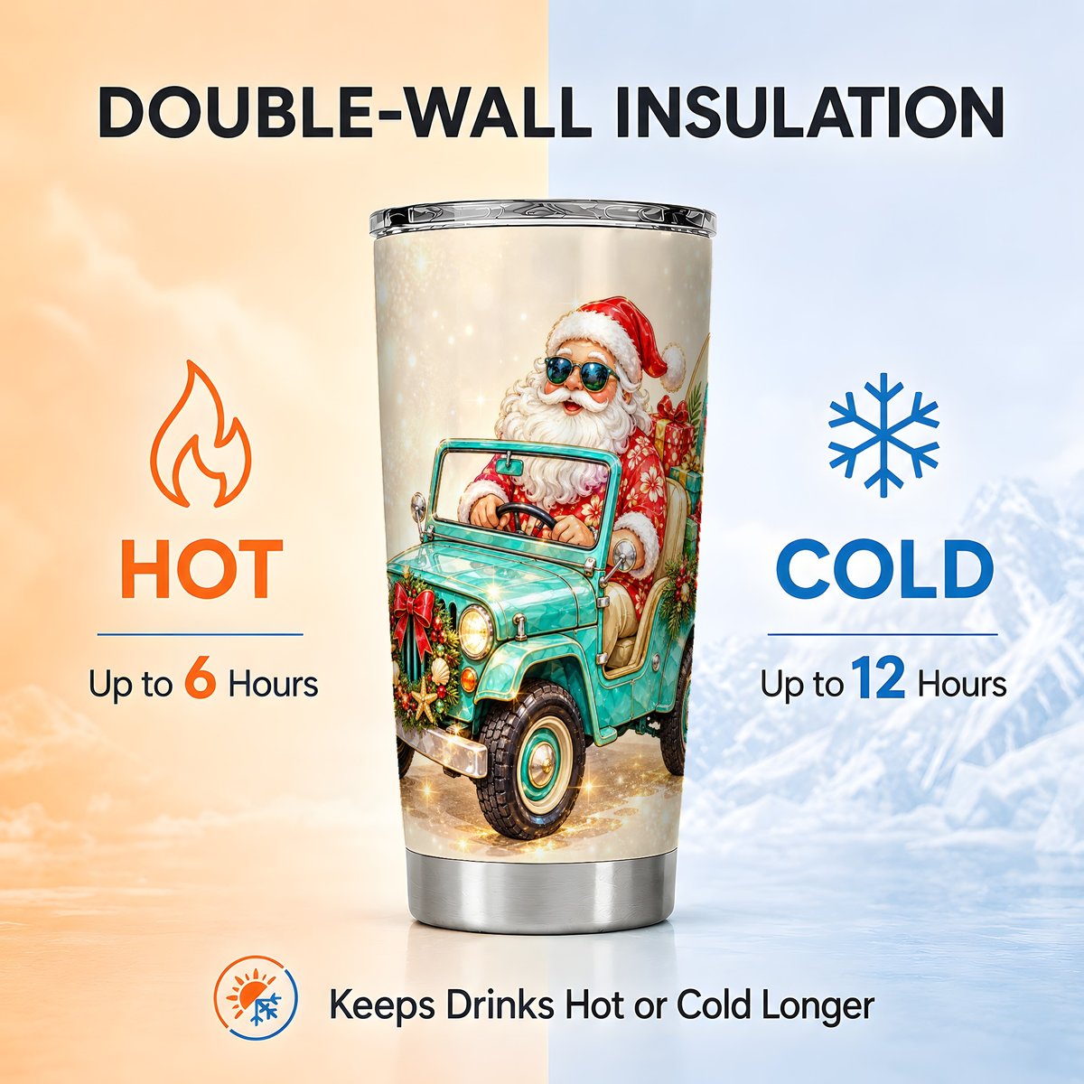 Surfing Santa Tumbler 20oz, Coastal Stainless Steel Travel Cup