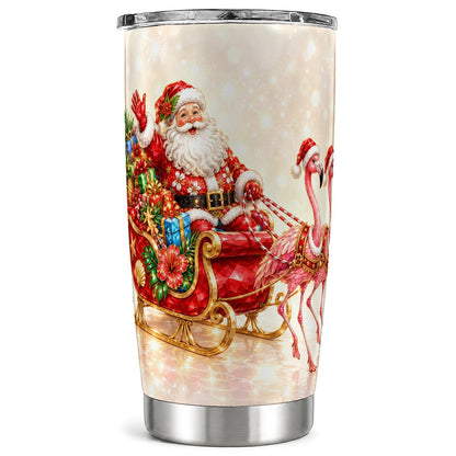 Santa Flamingo Sleigh Tumbler 20oz, Holiday Stainless Steel Travel Cup