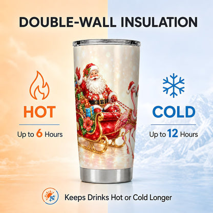 Santa Flamingo Sleigh Tumbler 20oz, Holiday Stainless Steel Travel Cup