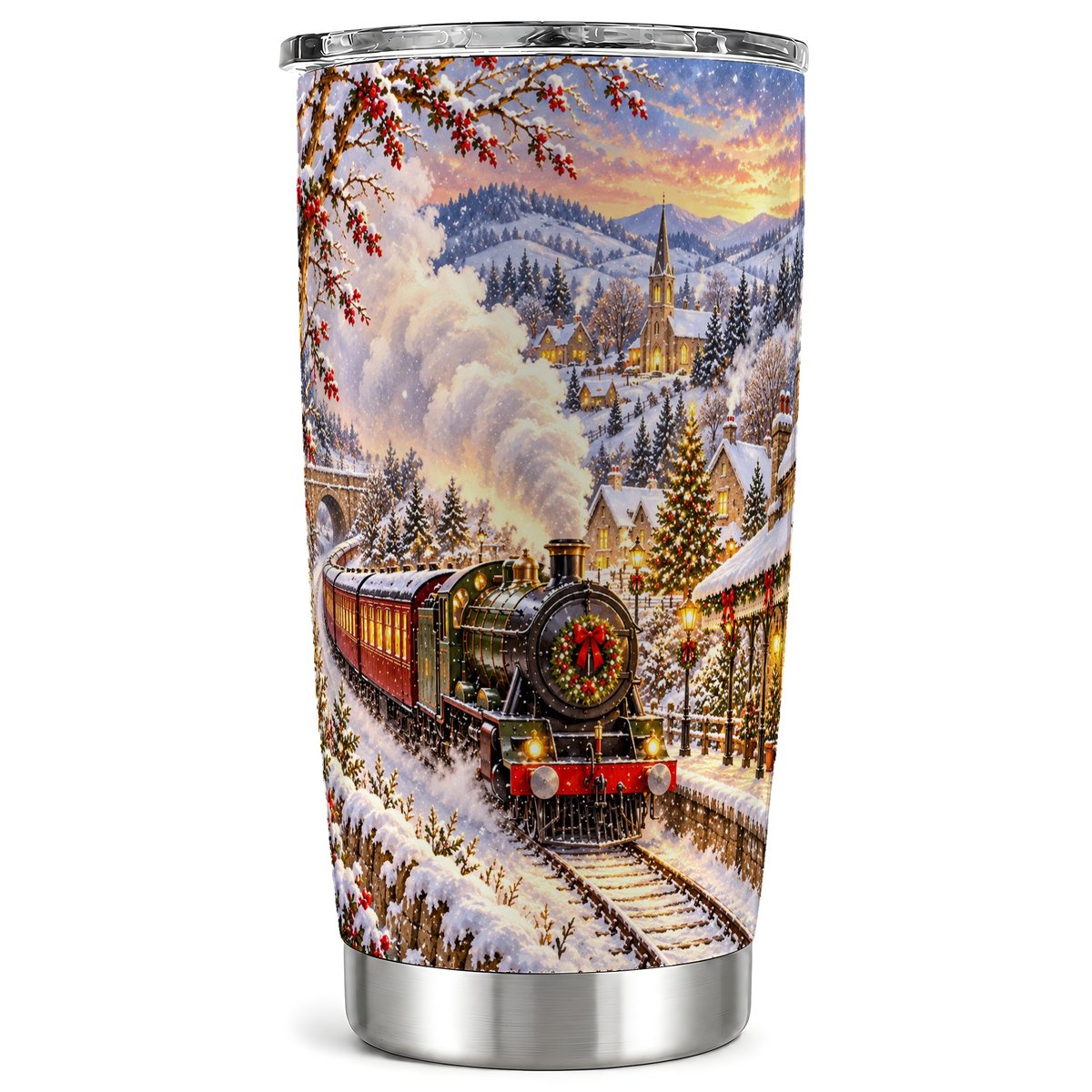 Christmas Train Tumbler 20oz, Winter Stainless Steel Travel Cup