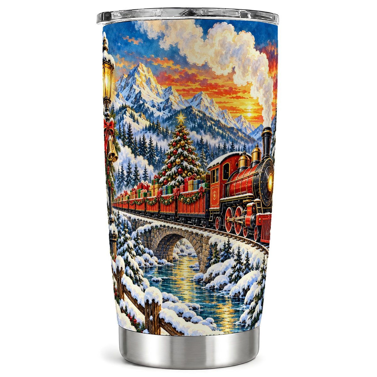 Christmas Train Tumbler 20oz, Mountain Stainless Steel Travel Cup
