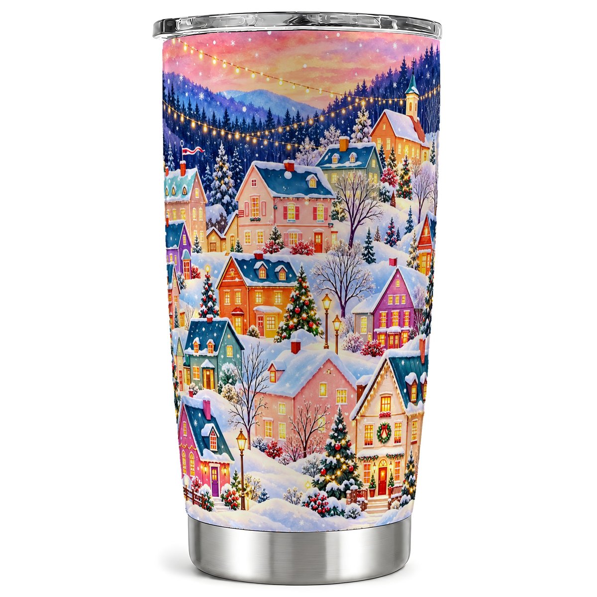 Christmas Village Tumbler 20oz, Snowy Stainless Steel Travel Cup