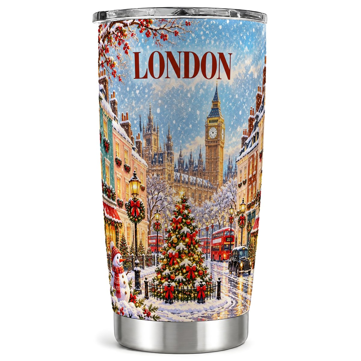 London Christmas Tumbler 20oz, Winter Tumbler, Stainless Steel Travel Cup