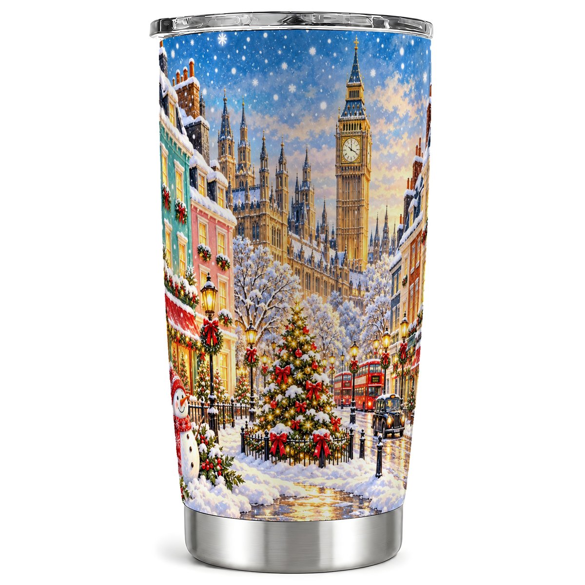 Snowy London Tumbler 20oz, Big Ben Tumbler, Stainless Steel Travel Cup