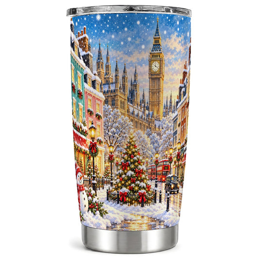 Snowy London Tumbler 20oz, Big Ben Tumbler, Stainless Steel Travel Cup