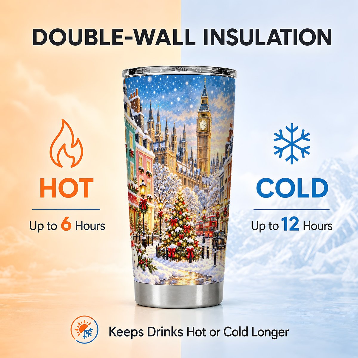 Snowy London Tumbler 20oz, Big Ben Tumbler, Stainless Steel Travel Cup