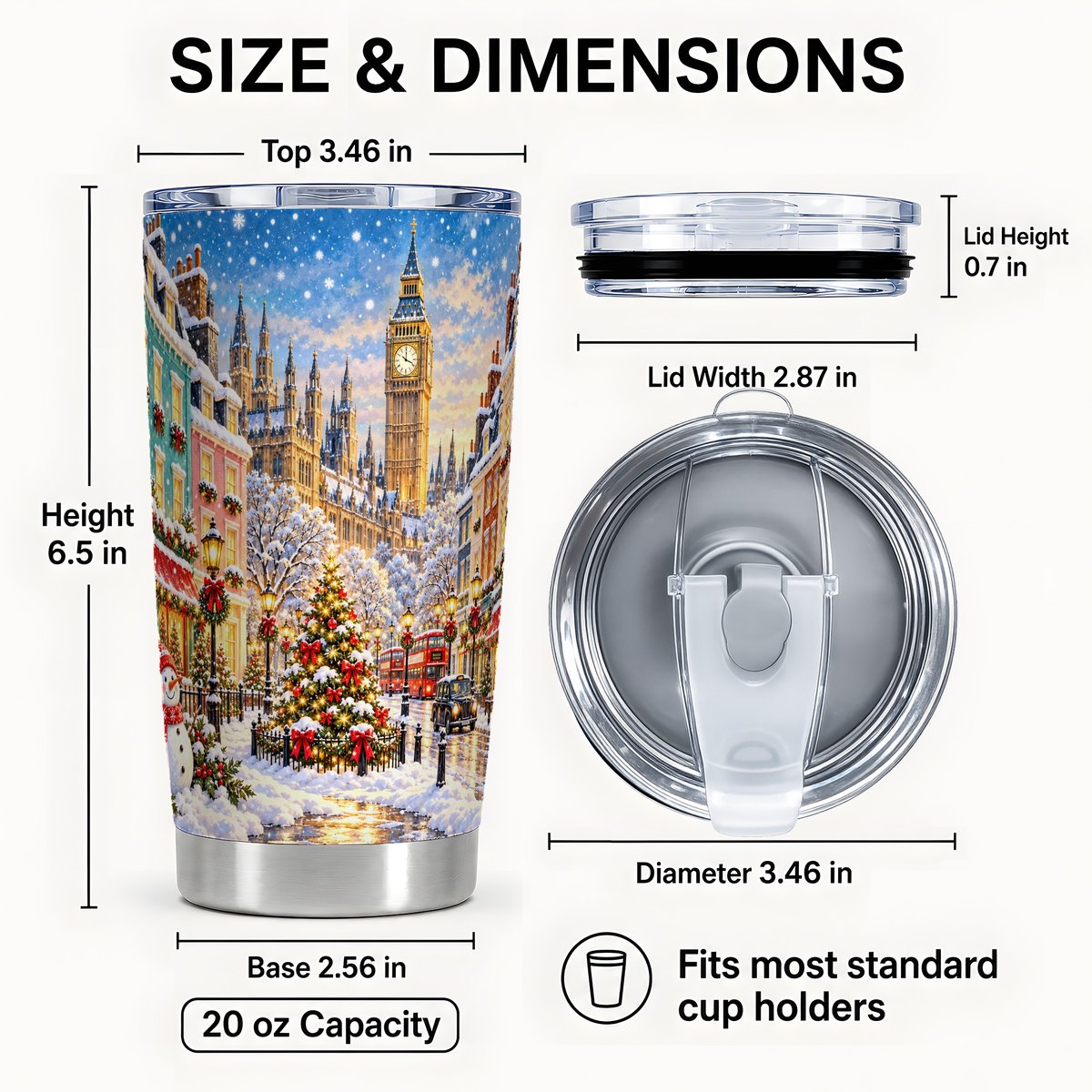 #pl[20oz|Steel] Snowy London Tumbler 20oz, Big Ben Tumbler, Stainless Steel Travel Cup