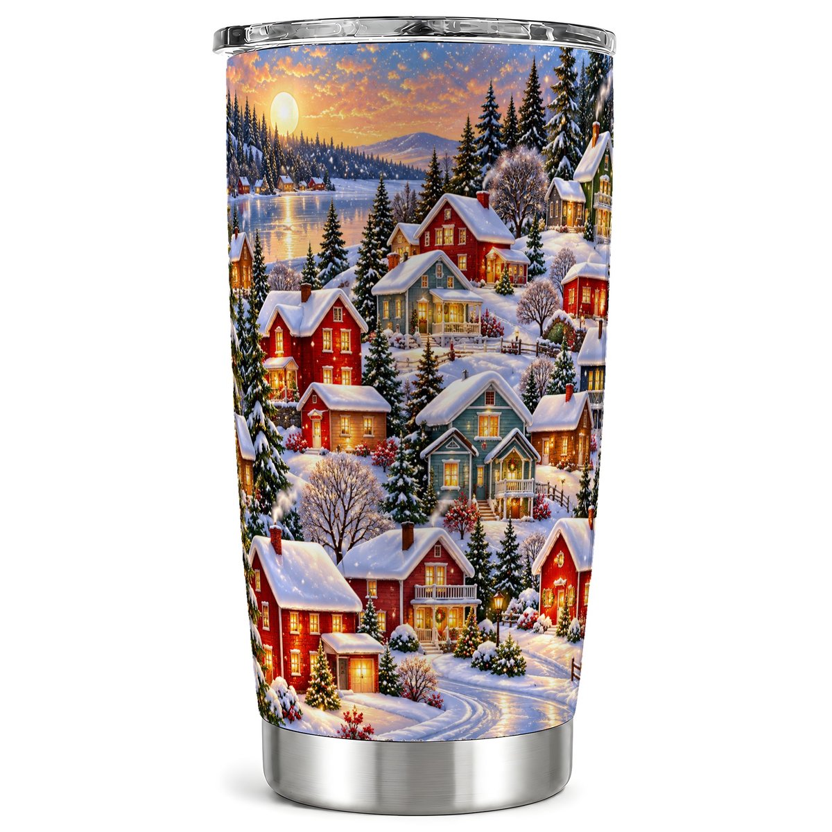 Snowy Village Tumbler 20oz, Cabin Tumbler, Stainless Steel Travel Cup
