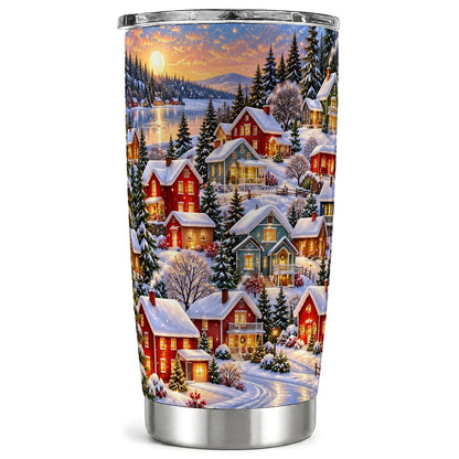 Snowy Village Tumbler 20oz, Cabin Tumbler, Stainless Steel Travel Cup