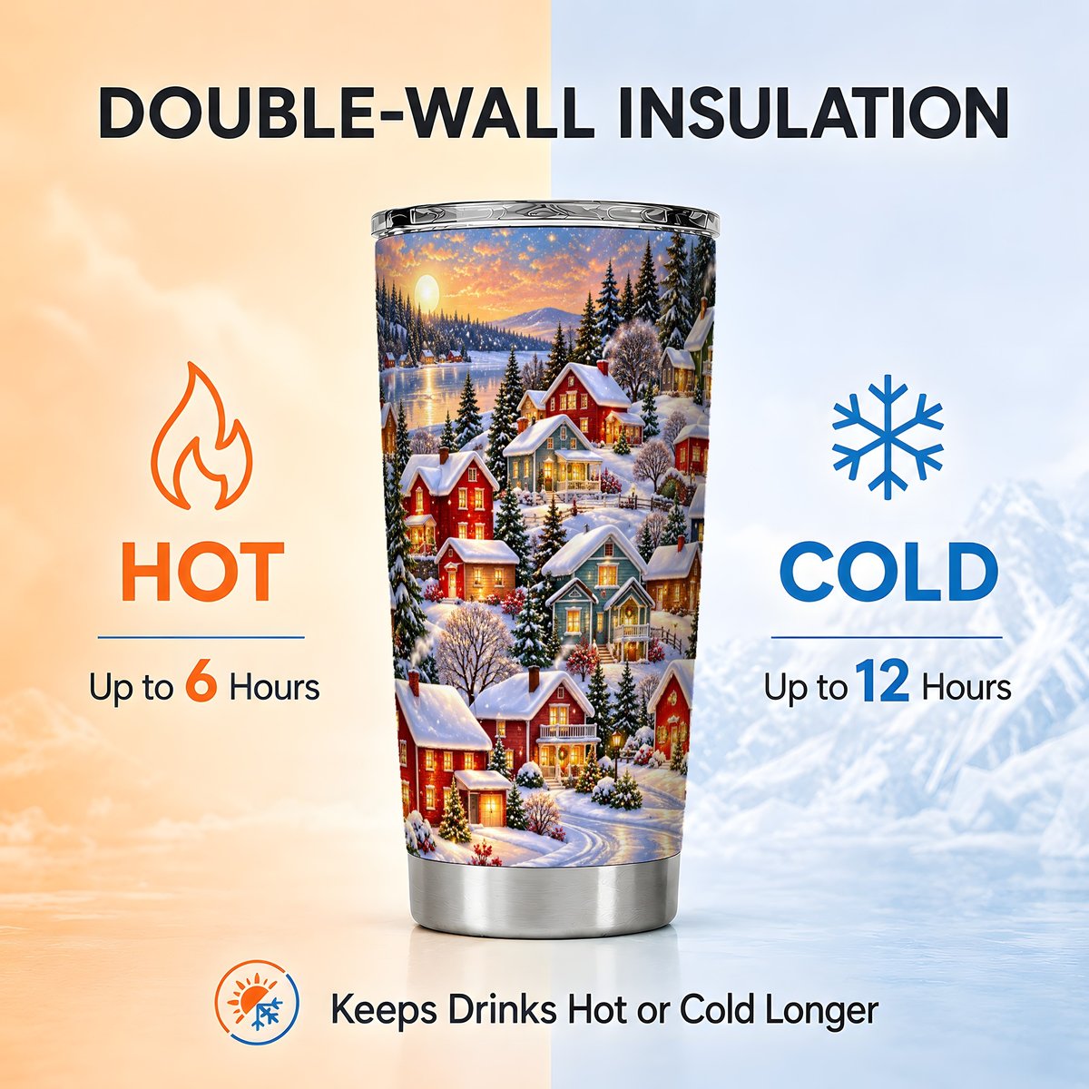 Snowy Village Tumbler 20oz, Cabin Tumbler, Stainless Steel Travel Cup