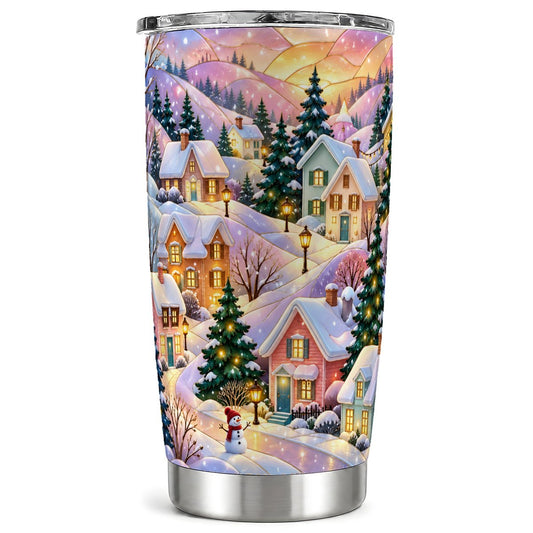 Pastel Winter Tumbler 20oz, Village Tumbler, Stainless Steel Travel Cup