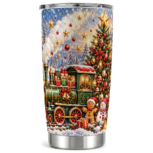 Gingerbread Train Tumbler 20oz, Christmas Stainless Steel Travel Cup