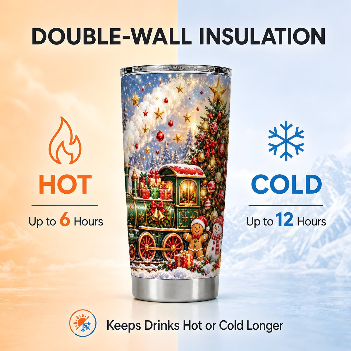 Gingerbread Train Tumbler 20oz, Christmas Stainless Steel Travel Cup