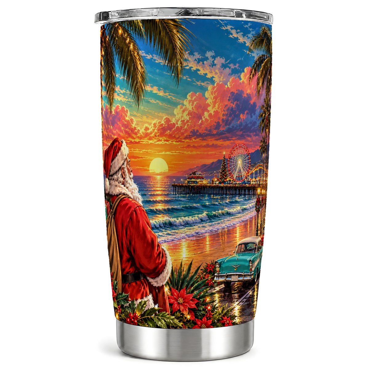 Beach Santa Tumbler 20oz, Sunset Stainless Steel Travel Cup