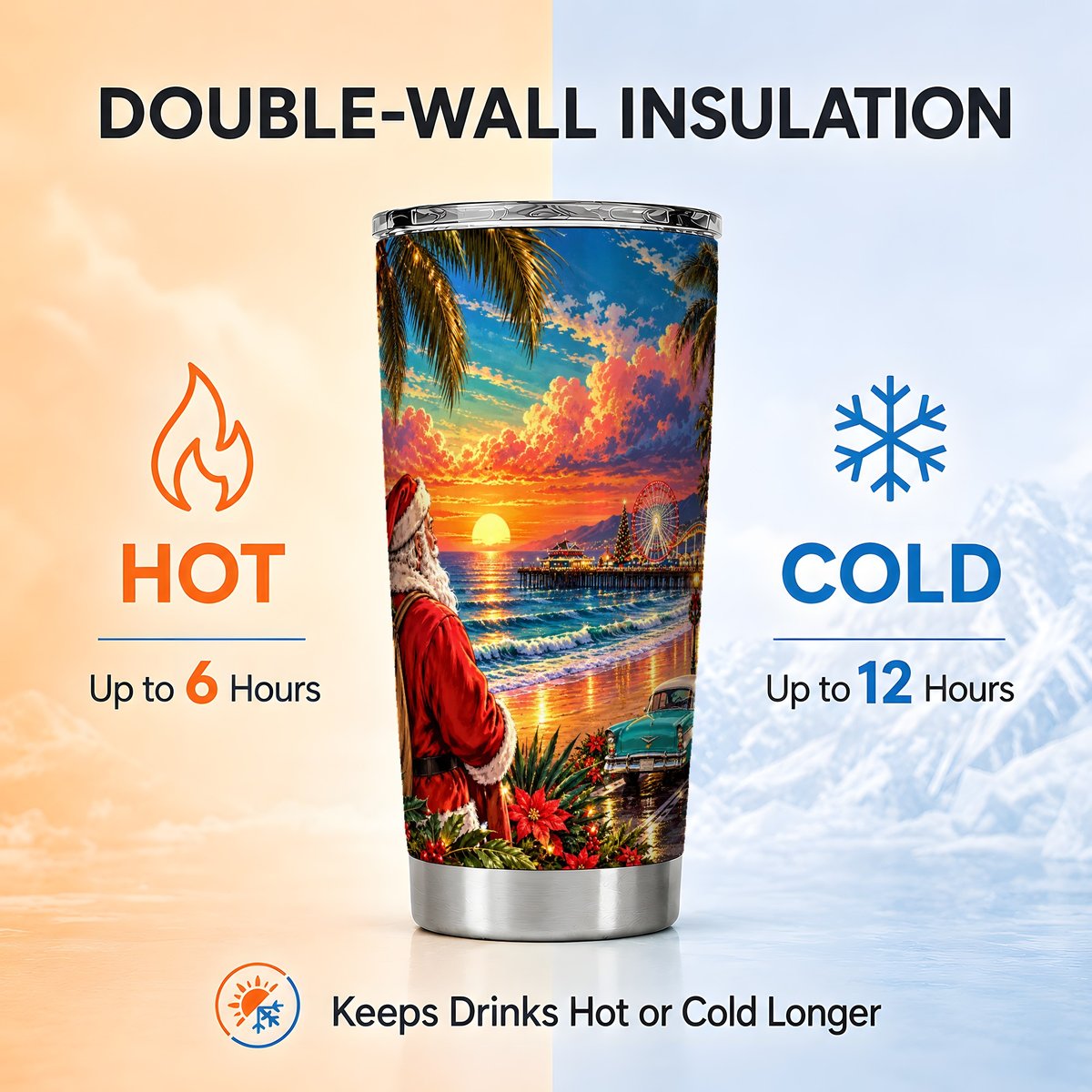 Beach Santa Tumbler 20oz, Sunset Stainless Steel Travel Cup