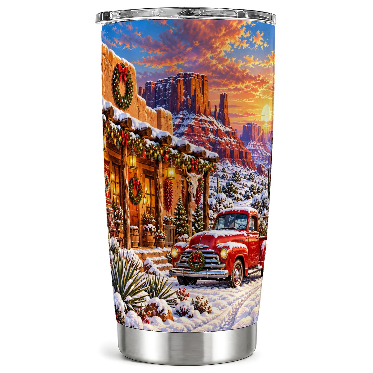 Desert Christmas Tumbler 20oz, Vintage Truck Stainless Travel Cup
