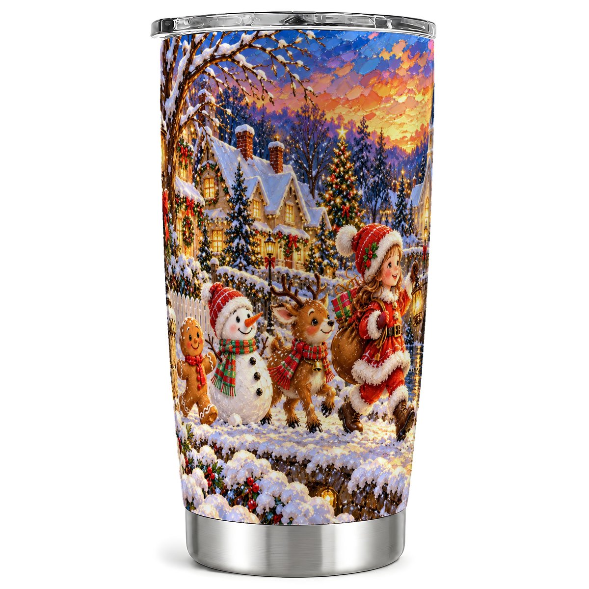 Snowy Village Tumbler 20oz, Christmas Tumbler, Stainless Steel Travel Cup