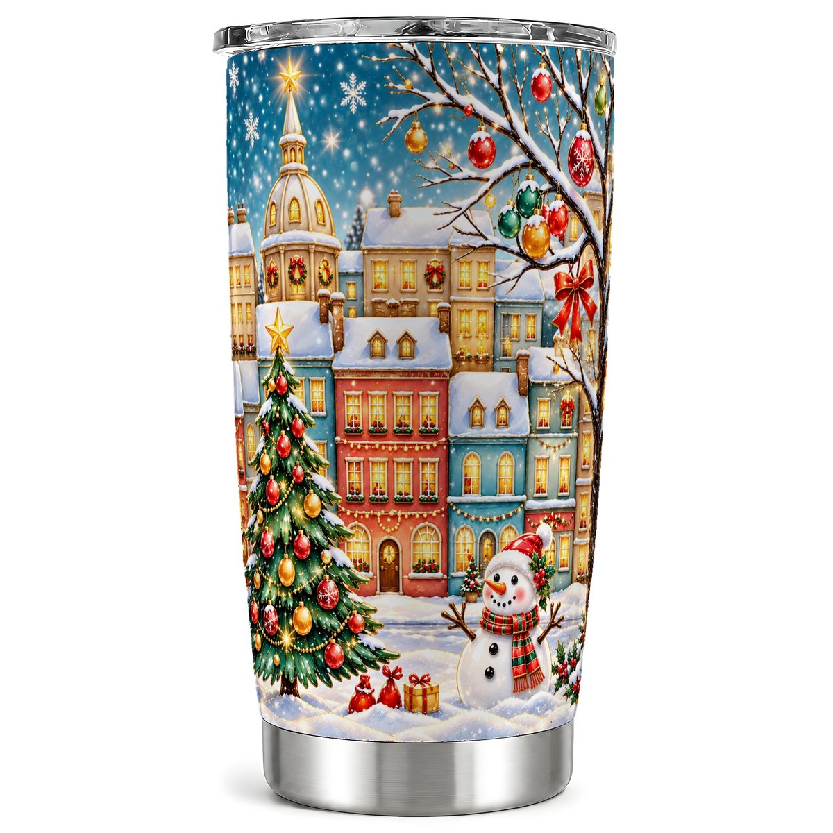 Snowman Village Tumbler 20oz, Christmas Tumbler, Stainless Steel Travel Cup