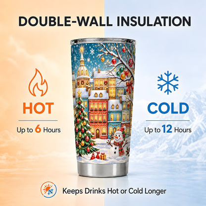 Snowman Village Tumbler 20oz, Christmas Tumbler, Stainless Steel Travel Cup