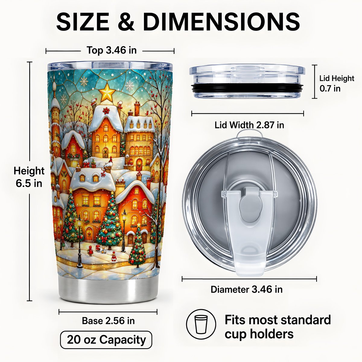 #pl[20oz|Steel] Holiday Village Tumbler 20oz, Snowy Town Stainless Steel Travel Cup