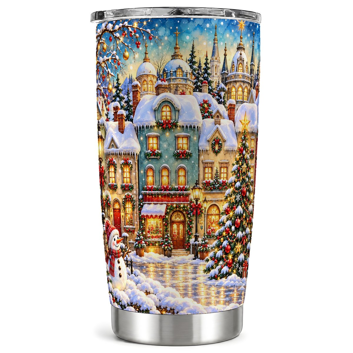 Festive Village Tumbler 20oz, Snowman Stainless Steel Travel Cup