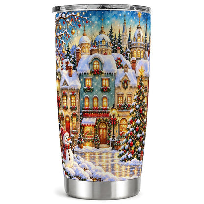 Festive Village Tumbler 20oz, Snowman Stainless Steel Travel Cup