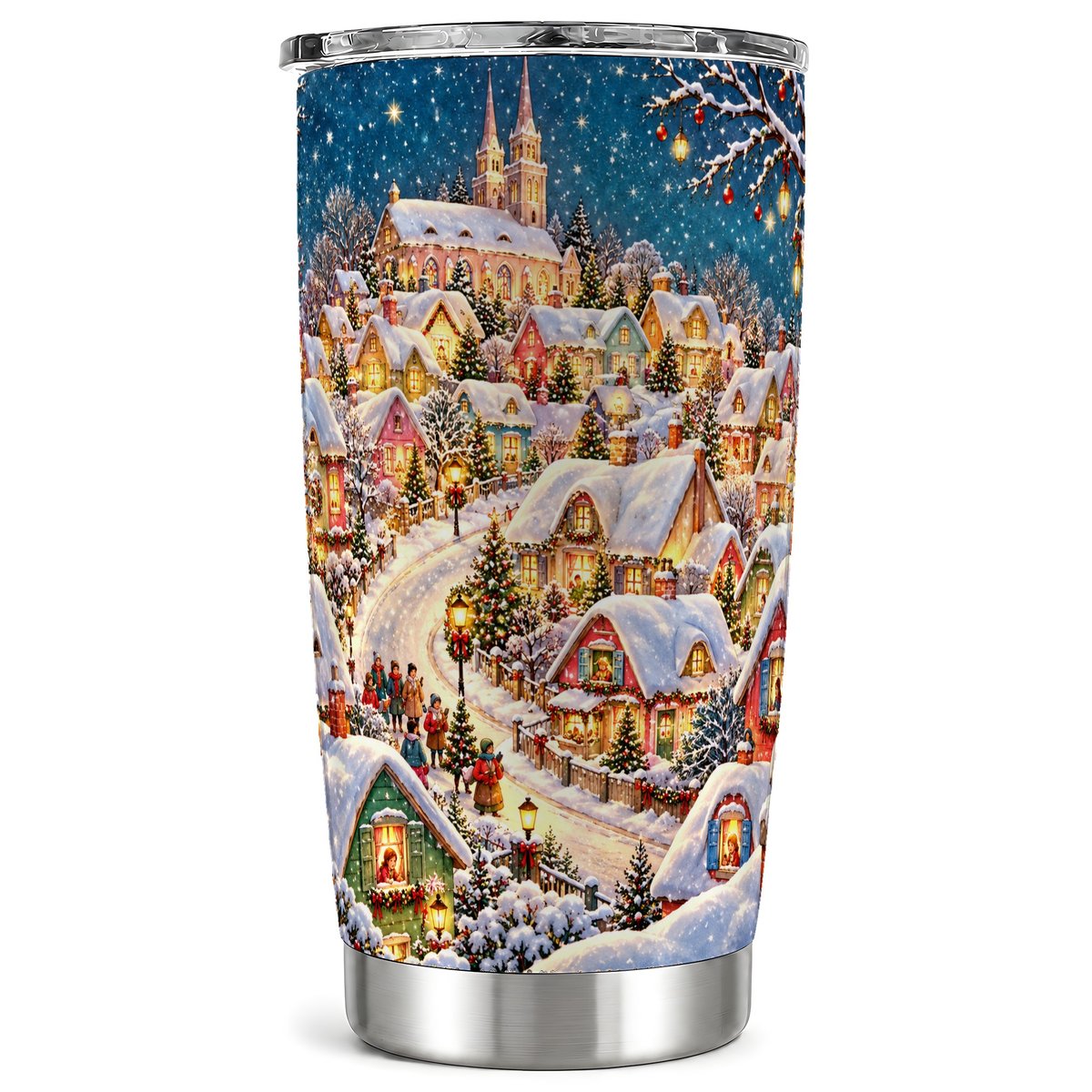 Winter Village Tumbler 20oz, Cottage Stainless Steel Travel Cup