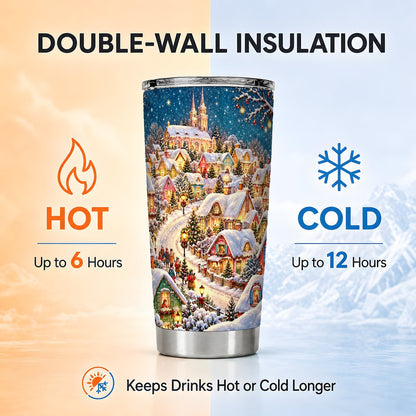 Winter Village Tumbler 20oz, Cottage Stainless Steel Travel Cup