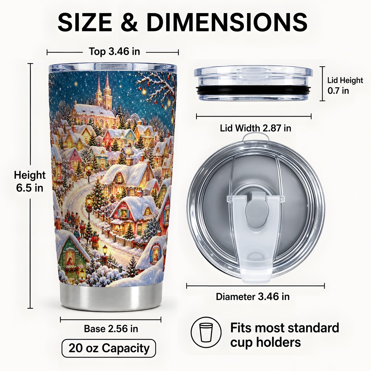 #pl[20oz|Steel] Winter Village Tumbler 20oz, Cottage Stainless Steel Travel Cup