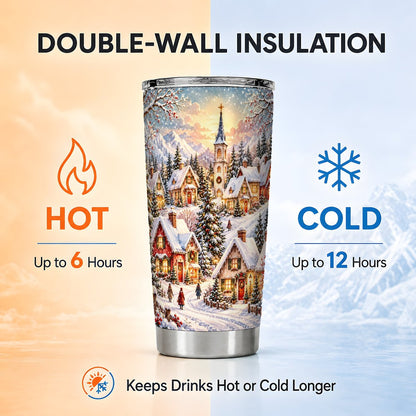 Mountain Village Tumbler 20oz, Snowy Cottage Stainless Steel Travel Cup