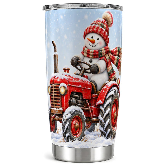 Snowman Tractor Tumbler 20oz, Winter Tumbler, Stainless Steel Travel Cup