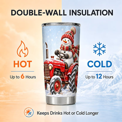 Snowman Tractor Tumbler 20oz, Winter Tumbler, Stainless Steel Travel Cup