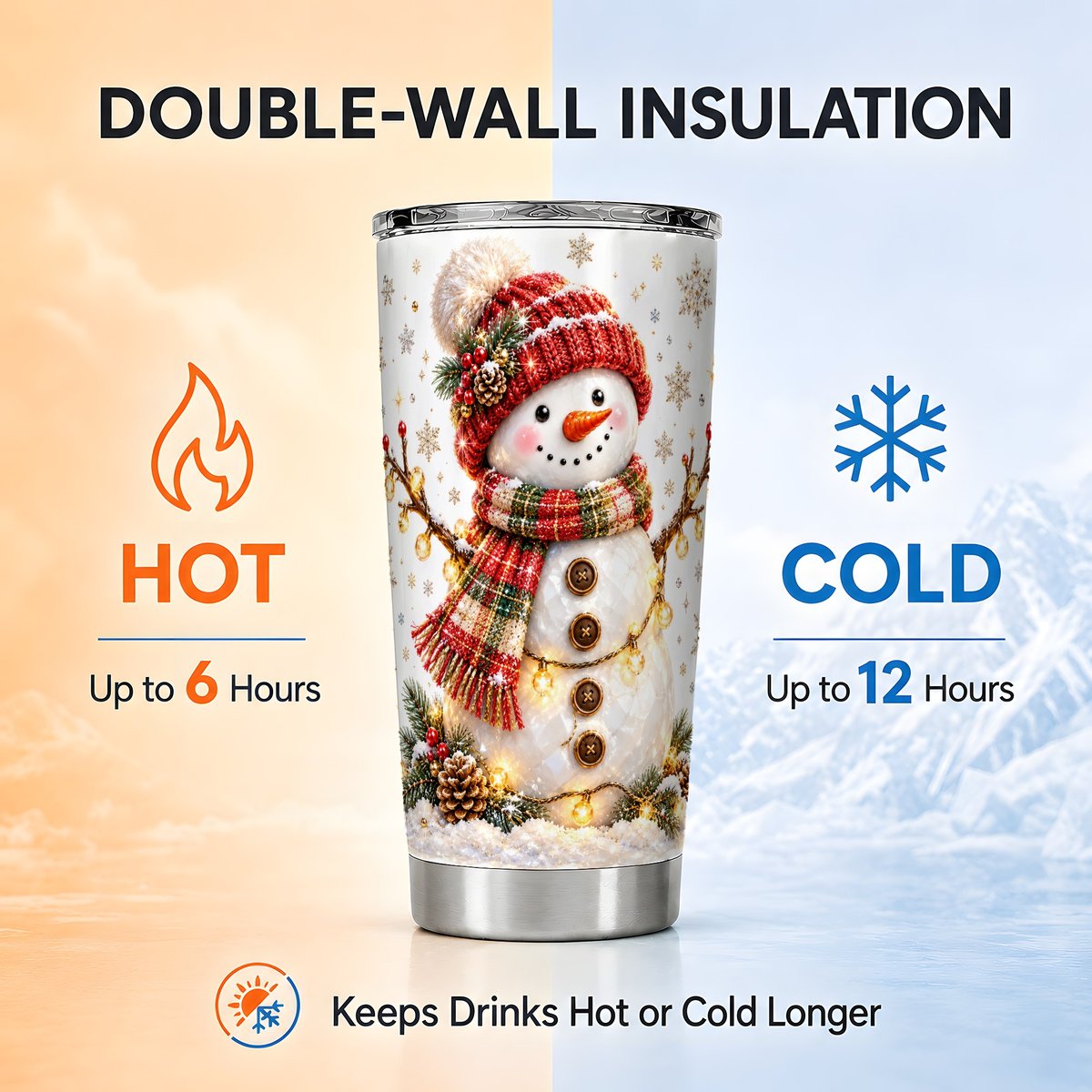 Festive Snowman Tumbler 20oz, Holiday Tumbler, Stainless Steel Travel Cup