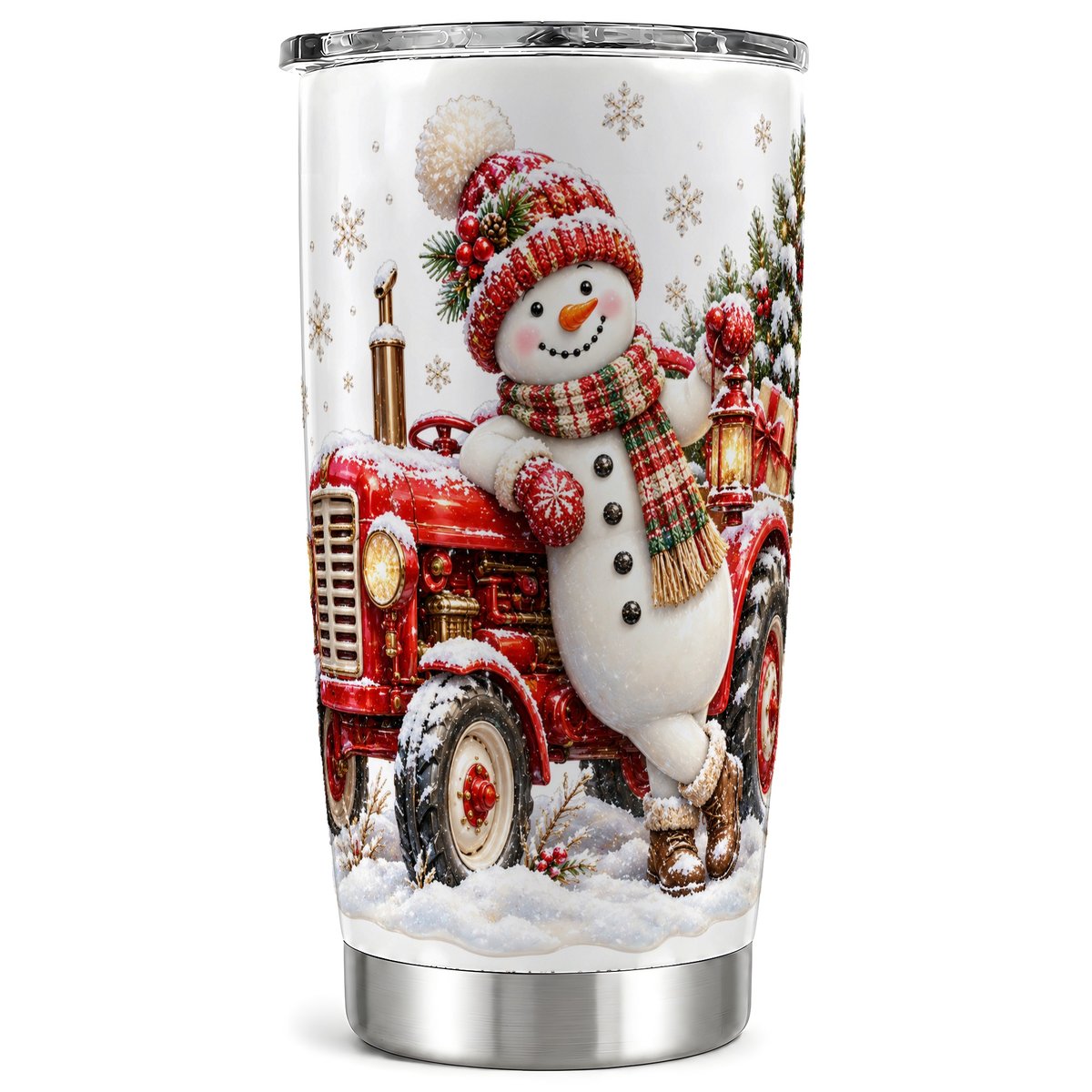 Snowman Tractor Tumbler 20oz, Farmhouse Tumbler, Stainless Steel Cup