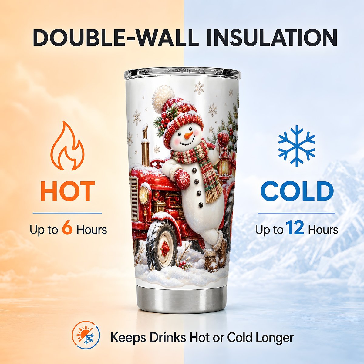 Snowman Tractor Tumbler 20oz, Farmhouse Tumbler, Stainless Steel Cup