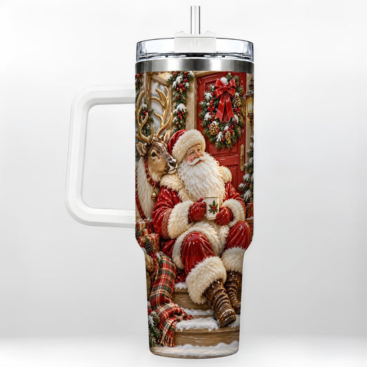 Santa Reindeer Christmas 40oz Tumbler with Handle, Cozy Holiday Artwork