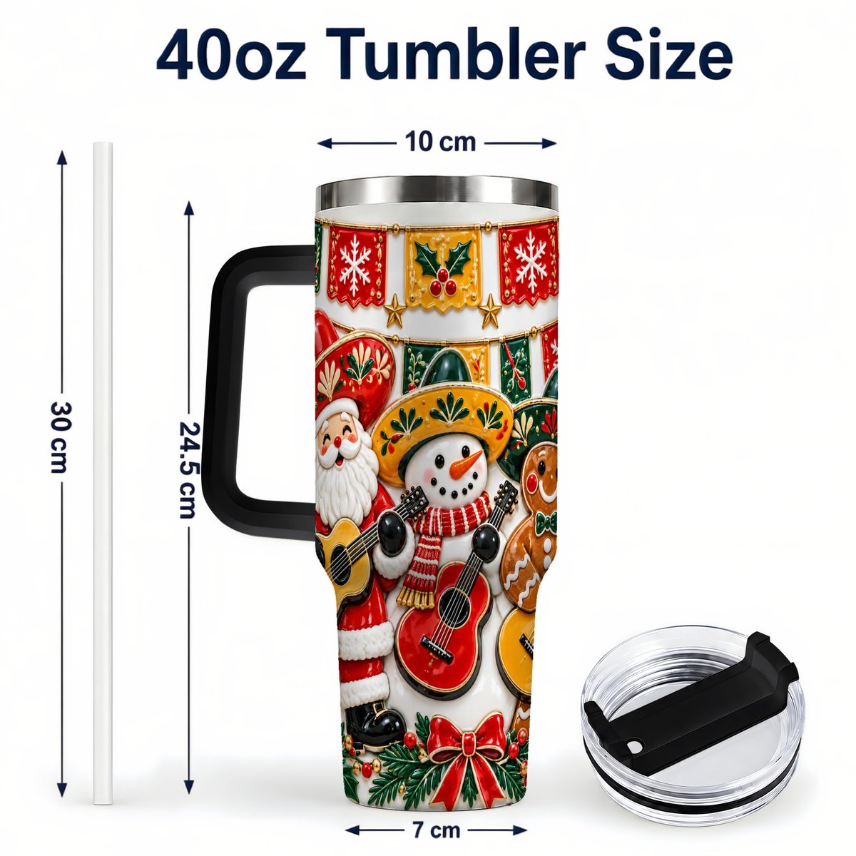#pl[40oz|Black] Christmas Mariachi Band 40oz Tumbler with Handle, Festive Guitar Artwork