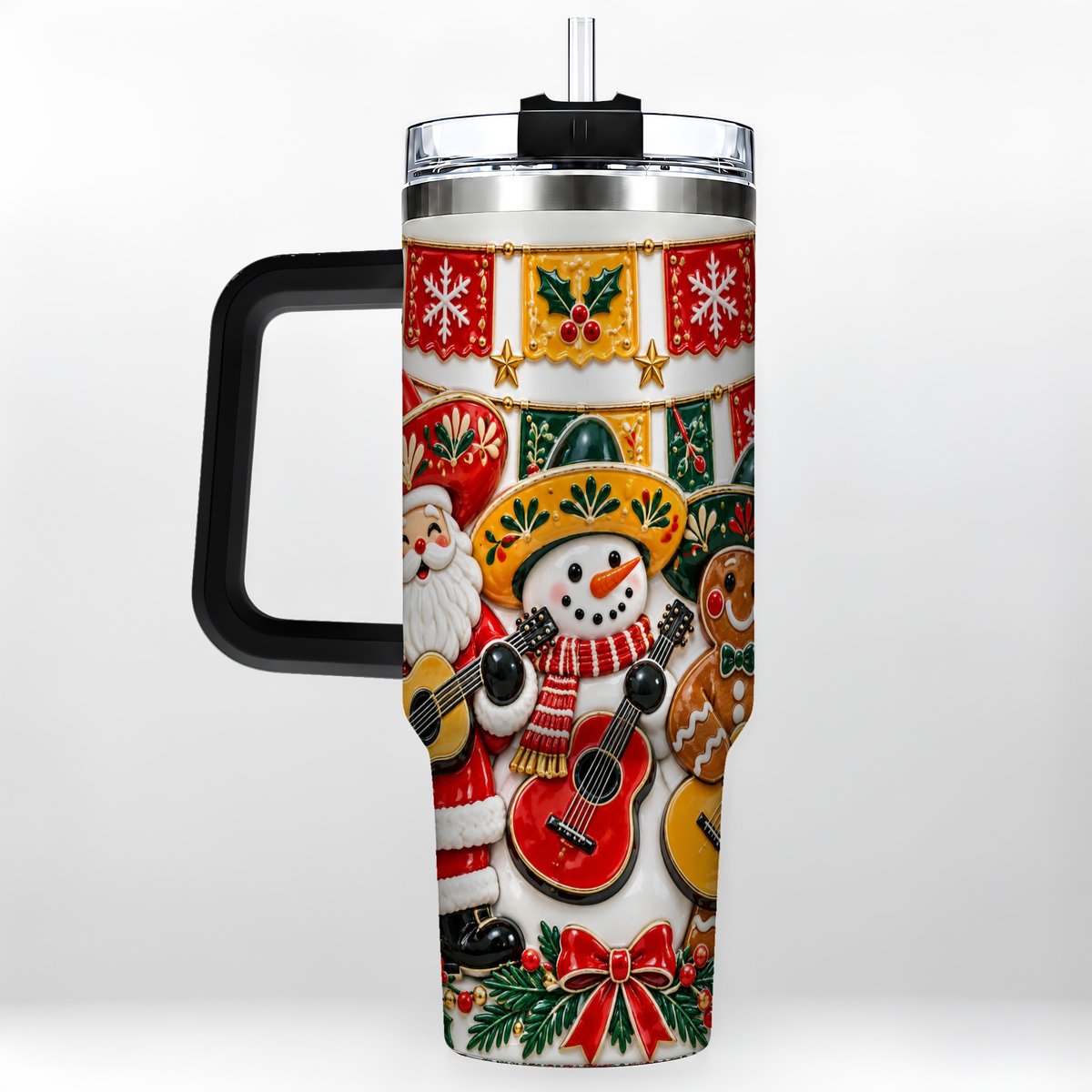 #pl[40oz|Black] Christmas Mariachi Band 40oz Tumbler with Handle, Festive Guitar Artwork