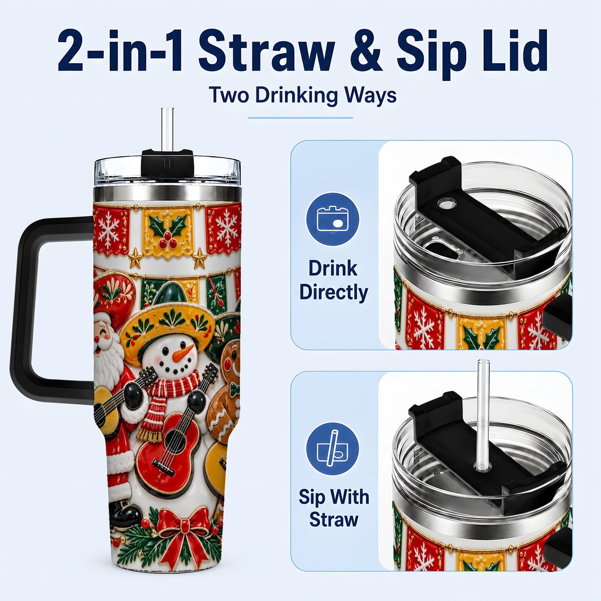 #pl[40oz|Black] Christmas Mariachi Band 40oz Tumbler with Handle, Festive Guitar Artwork