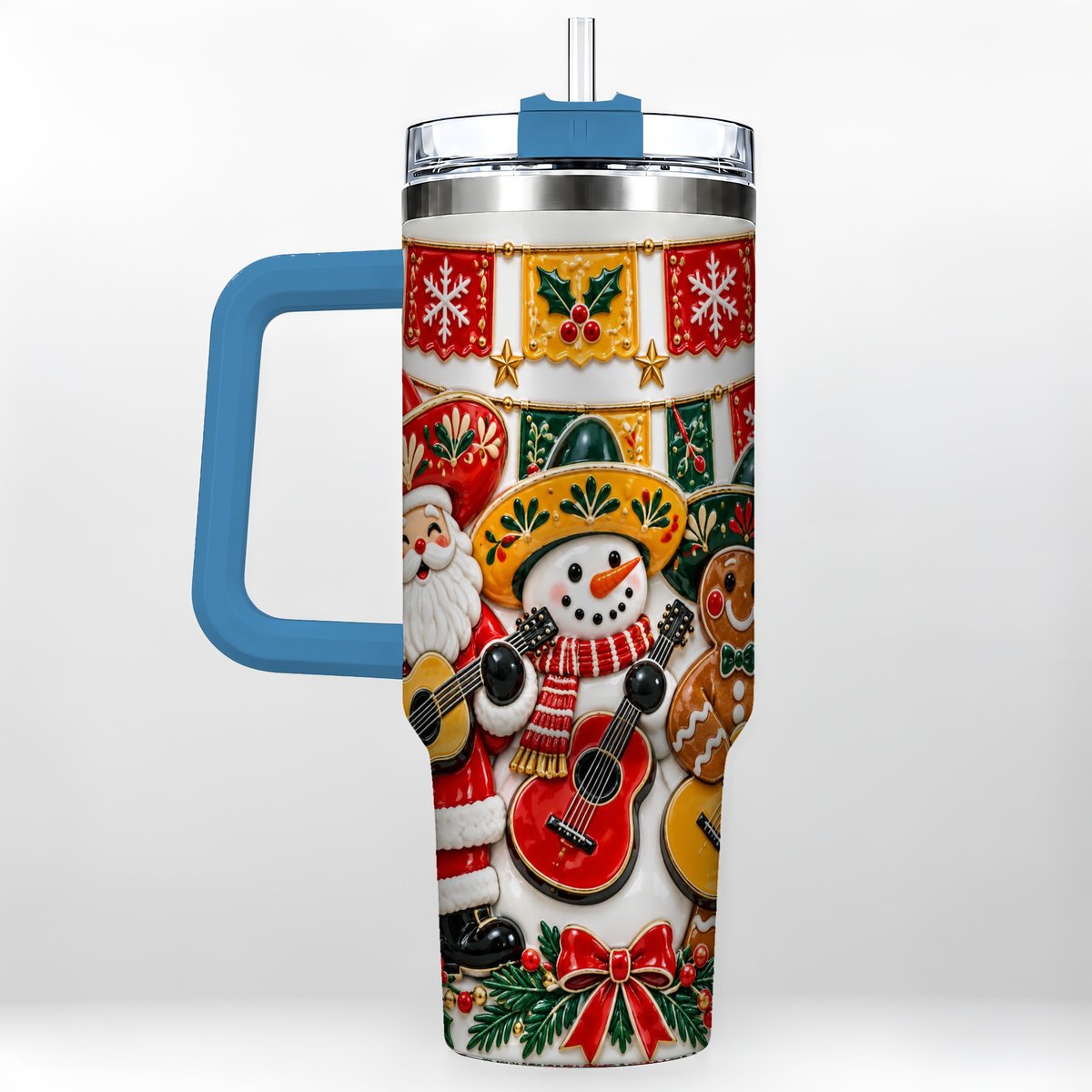 #pl[40oz|Blue] Christmas Mariachi Band 40oz Tumbler with Handle, Festive Guitar Artwork