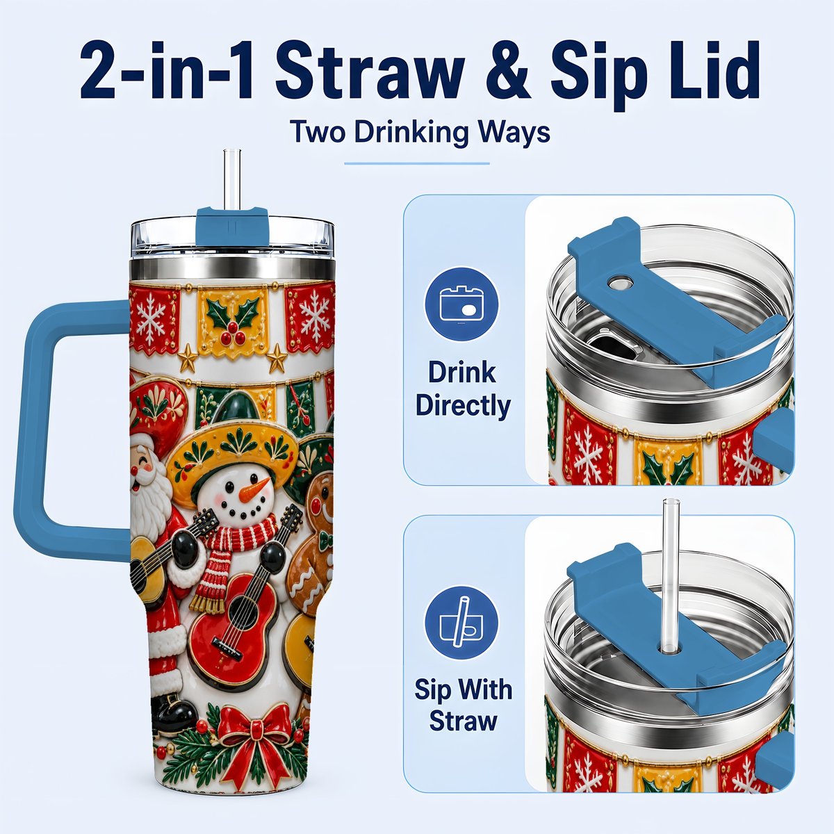 #pl[40oz|Blue] Christmas Mariachi Band 40oz Tumbler with Handle, Festive Guitar Artwork