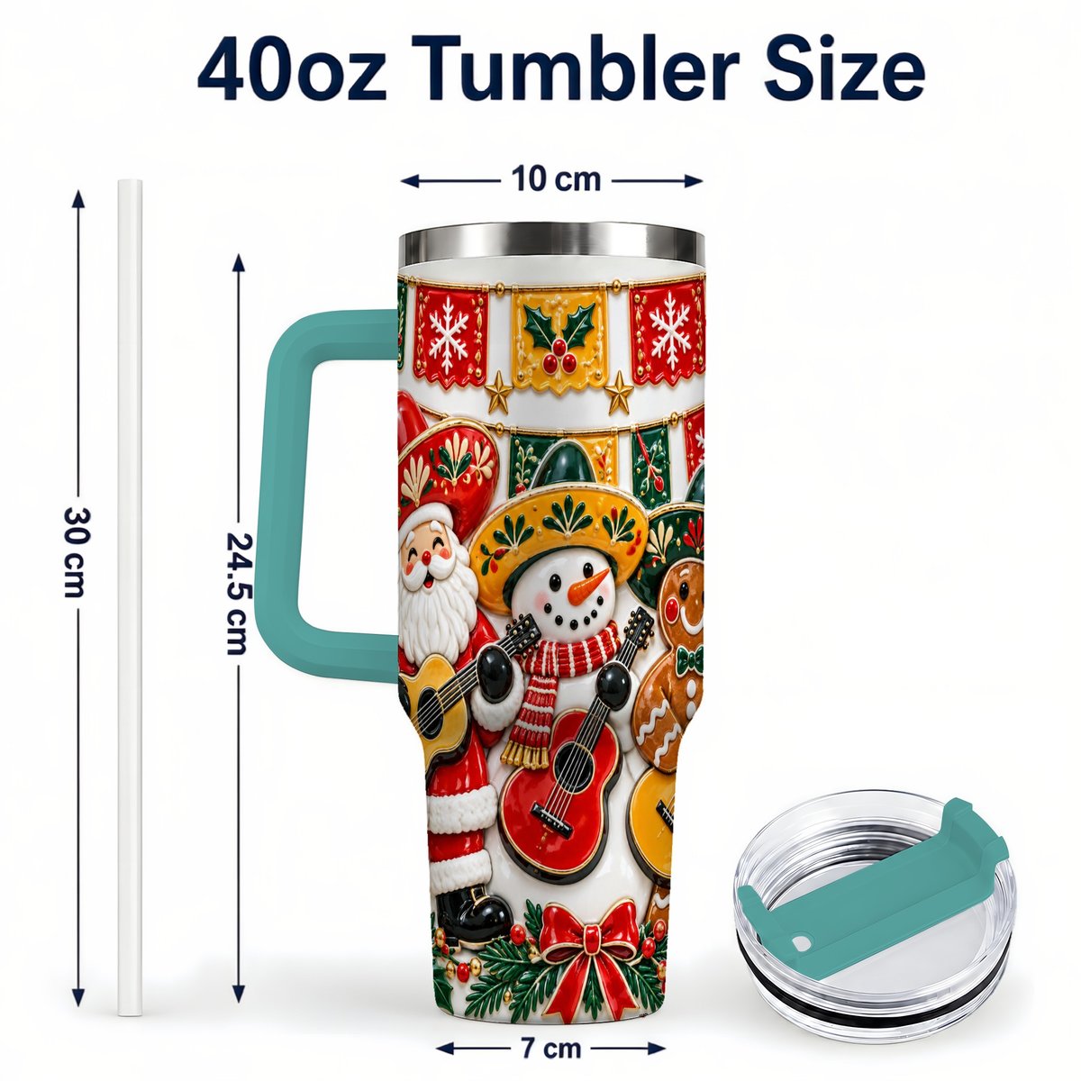 #pl[40oz|Green] Christmas Mariachi Band 40oz Tumbler with Handle, Festive Guitar Artwork