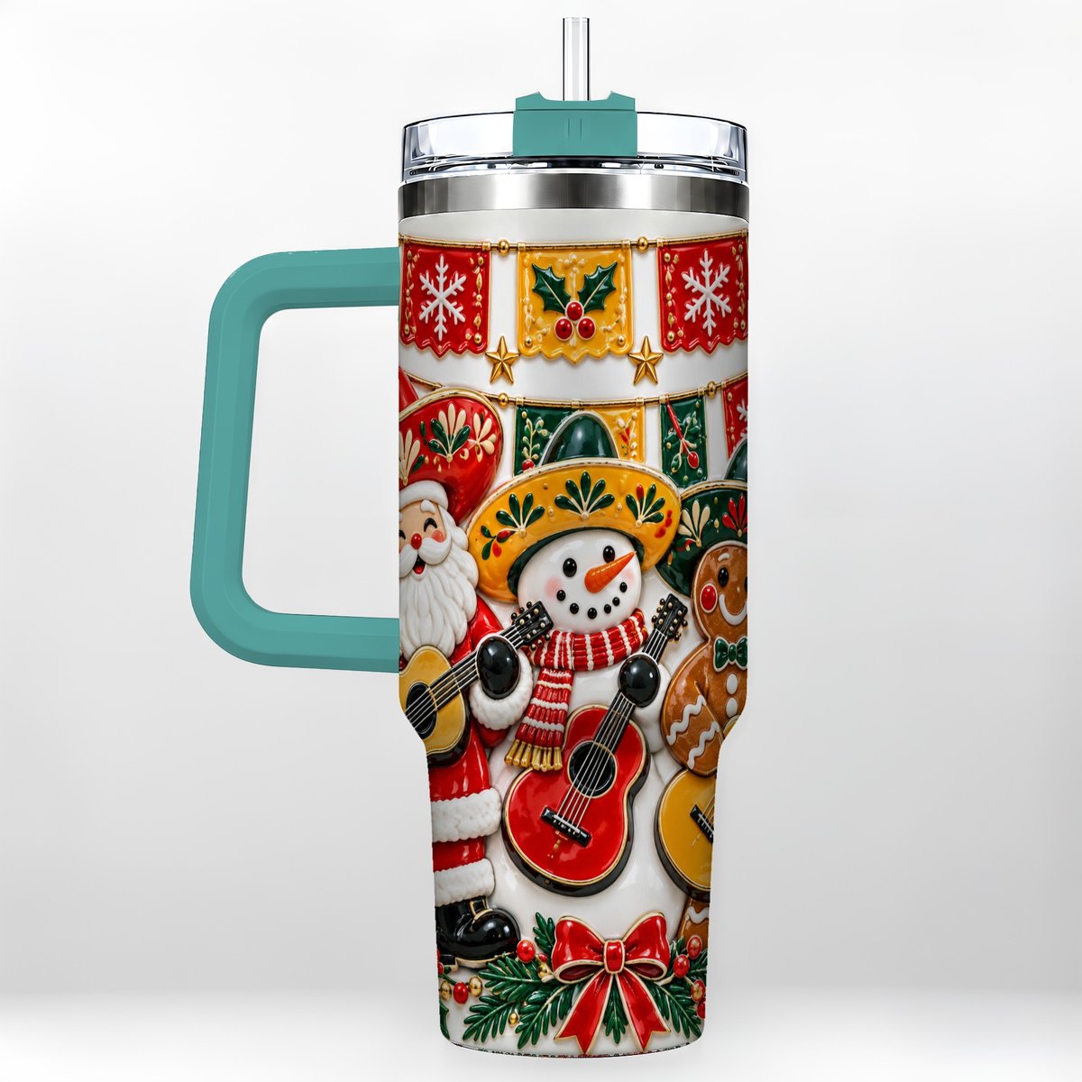 #pl[40oz|Green] Christmas Mariachi Band 40oz Tumbler with Handle, Festive Guitar Artwork