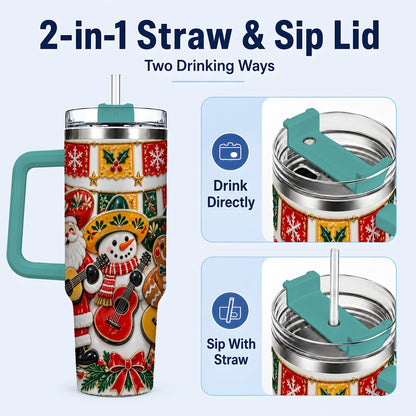 #pl[40oz|Green] Christmas Mariachi Band 40oz Tumbler with Handle, Festive Guitar Artwork