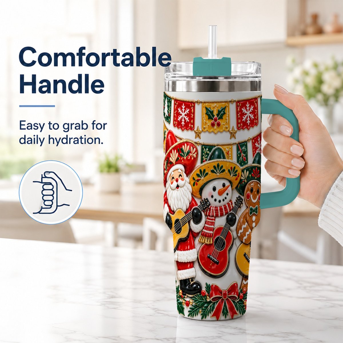 #pl[40oz|Green] Christmas Mariachi Band 40oz Tumbler with Handle, Festive Guitar Artwork