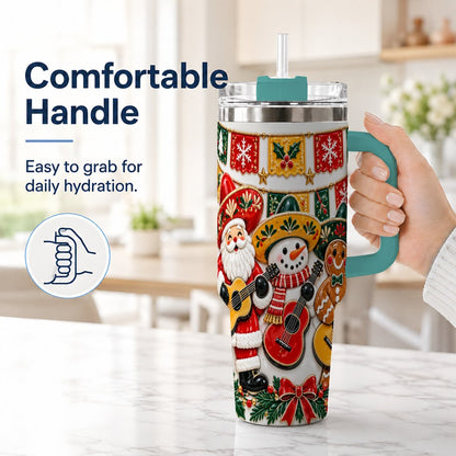 #pl[40oz|Green] Christmas Mariachi Band 40oz Tumbler with Handle, Festive Guitar Artwork